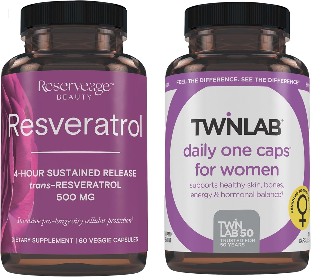 Reserveage Beauty Resveratrol 500 mg - püsivalt vabastav Trans-Resveratrool - Vegan Antioksüdandi lisand aju ja südame tervisele 60 kapslit ja Twinlab TWL Naiste igapäevane üks 60 ct