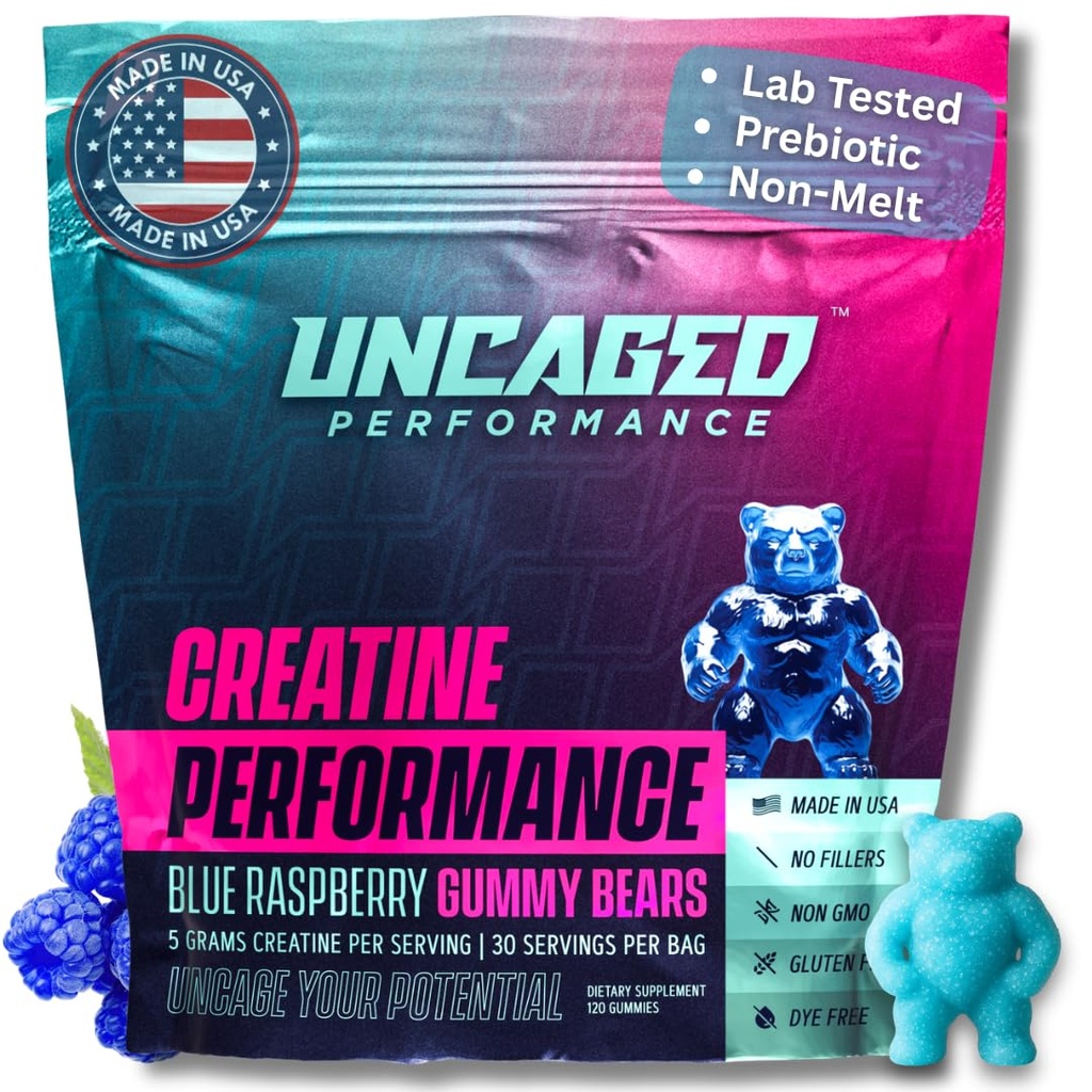 Kreatiinmonohüdraat Gummies 5G - maitsev sinine vaarikamaitse, Max Tugevus lihaste kasvuks, kiire imendumine meestele ja naistele - Premium All Natural, Lab Testitud - 30 Servings