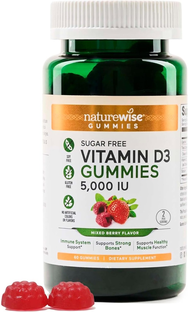 NatureWise Vitamiin D3 5000 RÜ Gummies - Suhkruvaba segatud marjamaitse - D-vitamiini kummid täiskasvanutele, toetab immuunsust, lihaseid ja luu tugevust - želatiinivaba, mitte-GMO-60 Gummies[1-kuu pakkumine]