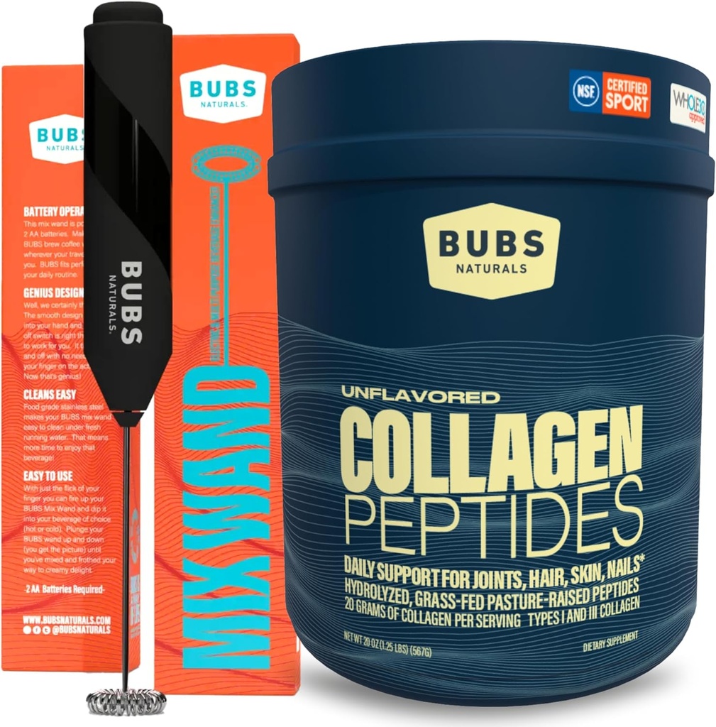 BUBS Naturals Collagen Peptides Pulber & Mixing Wand Bundle, kollageen naistele ja meestele, hüdrolüüsitud peptiidid, maitsestamata karjamaad Tõstetud rohu Fed, Keto Sõbralik, 20 oz Kollageeni Tub (28 Servings) +1 Wand