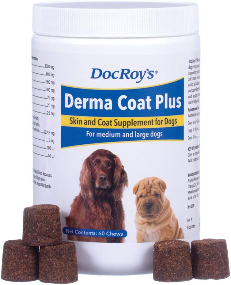 Elustamine Loomatervise Doc Roy's Derma Coat Plus Naha ja Coat Supplement keskmise / suured koerad - 60 ct närimist