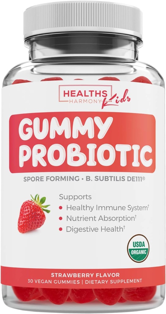USDA orgaanilised probiootikumid lastele (mitte-GMO) Maasika maitsega lapsed Probiootilised kummikud seedimiseks ja immuunsuse toetamiseks - 2,5 miljardit CFU DE111 spoori moodustav tüvi maksimaalseks ellujäämiseks - 30 Gummy