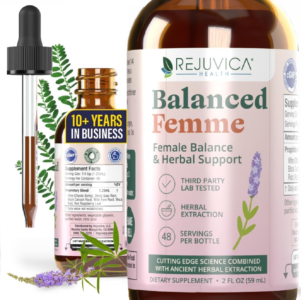 Rejuvica Health Balance Femme - Advanced Women Balance Support Supplement - Vedelik kohaletoimetamine parema imendumise jaoks - Vitex, Dong Quai, Black Cohosh, Maca Wild Yam & More!