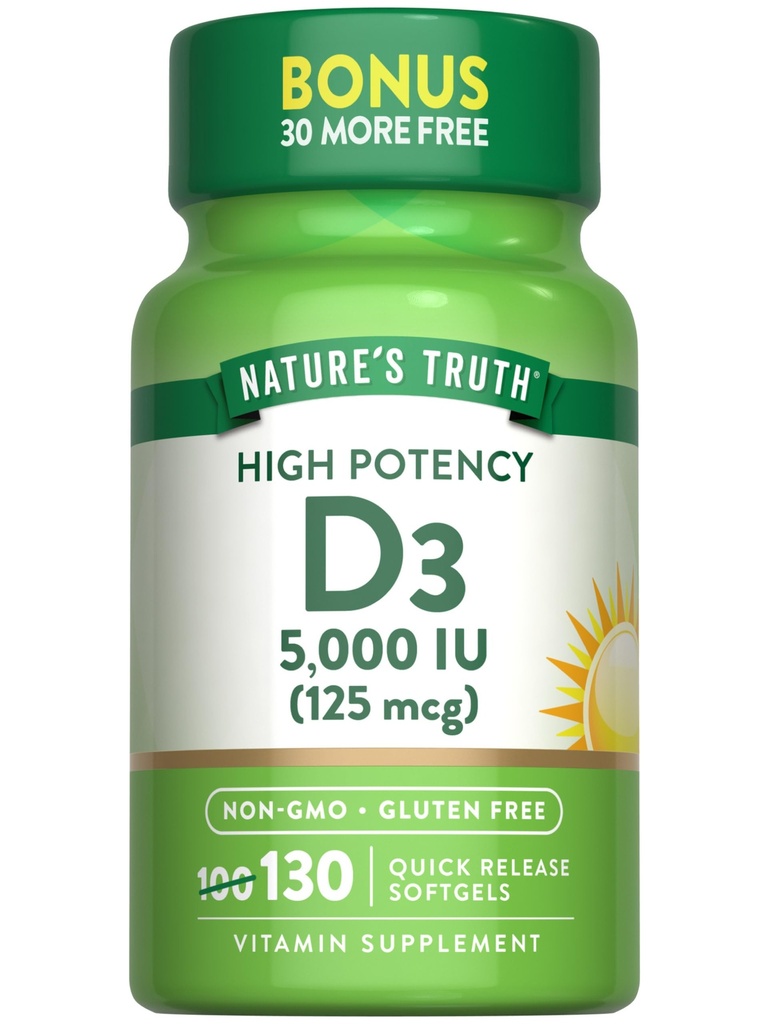 Looduse tõde Vitamiin D3 5000 IU Softgels | 130 Count | High Potency | Non-GMO & Gluteeni tasuta toidulisand