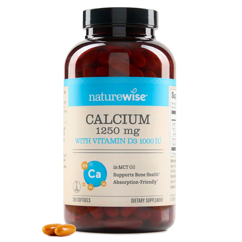 NatureWise High-Purity, All-Natural Calcium 1250mg + Vitamiin D3 1000IU + Orgaaniline MCT kookosõli - Rasedus Ohutu + Mitte-GMO - Absorbeerimine Sõbralik, Gluteenivaba - 200 Softgels[100-päevane pakkumine]