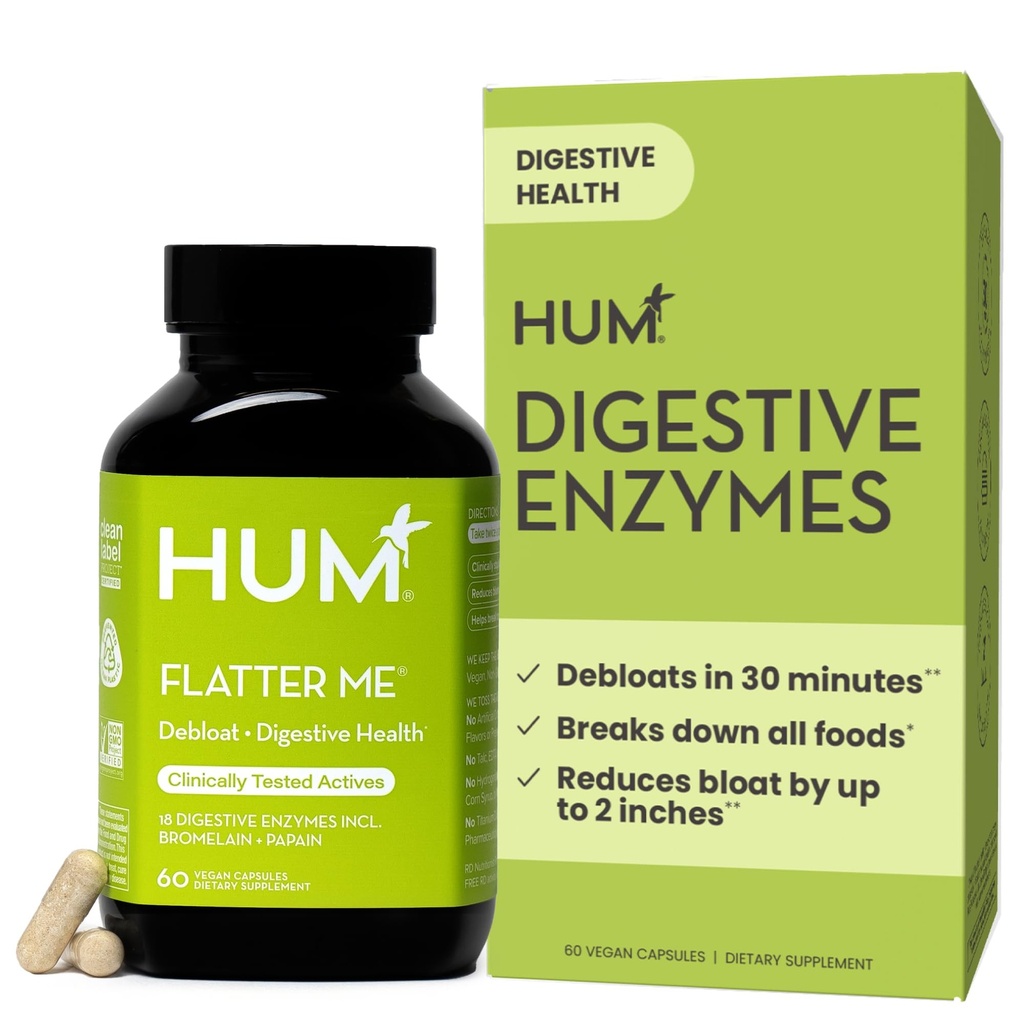 HUM Flatter Me Seedeensüümid naistele ja meestele, Seedetrakti Tervise Bloating Supplement ingveri ja piparmündi Leaf, Fast Acting Anti Bloat Pills Multi Enzyme Debloating, Vegan, 60 kapslit