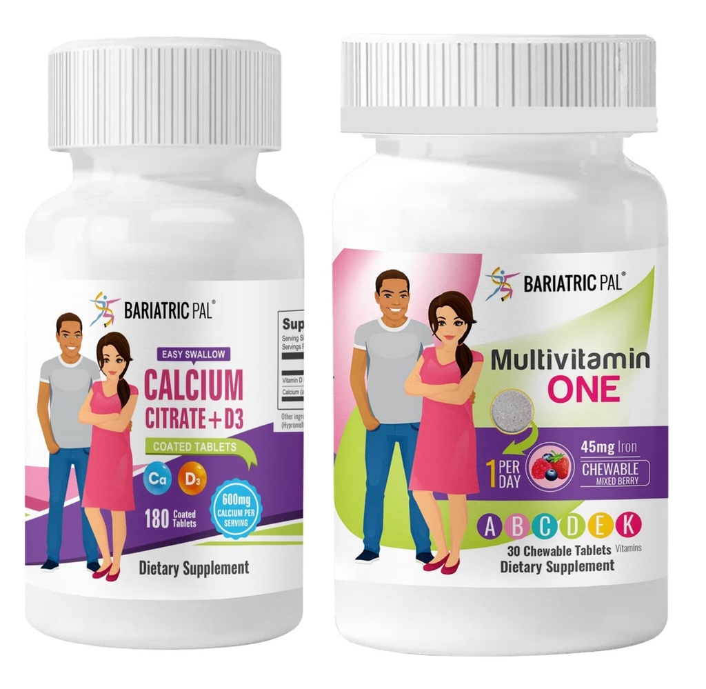 BariatricPal 30-päevane Bariatric Vitamiin Bundle Multivitamiin Üks 1 päevas! Näritav 45 mg raud - segatud marja ja lihtne neelata kaltsiumtsitraat (600 mg) ja D3 kaetud tabletid