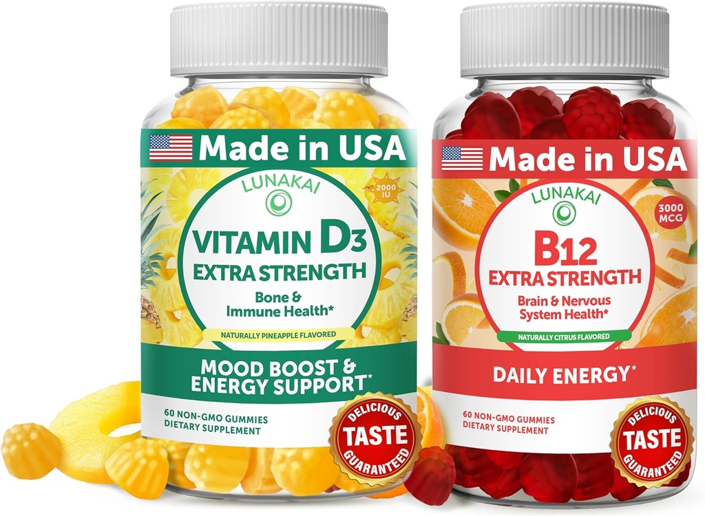 Lunakai vitamiin D3 ja vitamiin B12 Gummies Bundle - immuunsus, luu ja meeleolu toetus VIT D3 2000IU täiendus - 3000mcg Metüülkobalamiini kõrge imendumise energia kummi - 30 päeva pakkumine