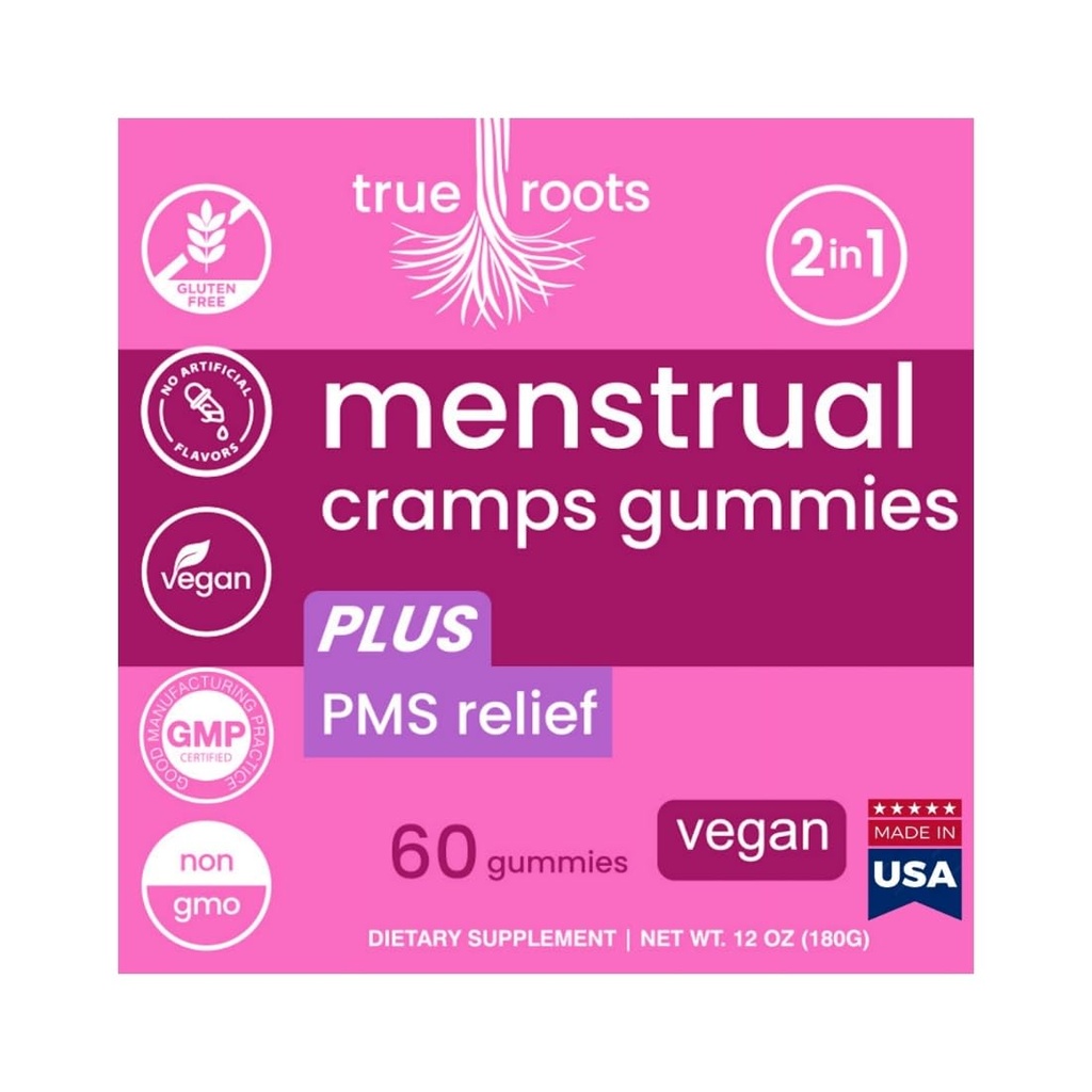 Menstruaalkrampide periood Gummies True Roots | PMS Support Supplement for Women | Healthy Flow | Flo PMS Menstruaaltsükli leevendamine, krambid ja Bloating | Vegan & Natural Maitsed | 60 Count