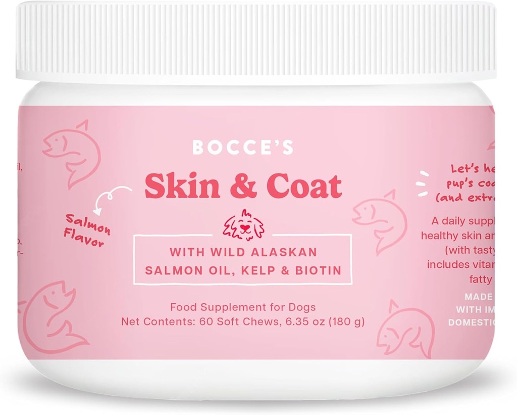 Bocce's Bakery Skin & Coat Supplement for Dogs, Daily Chews valmistatud USA vitamiin E ja olulised rasvhapped, toetab tervislikku nahka ja katet, lõhe, 60 ct, punane (DG-SP-SKIN60)
