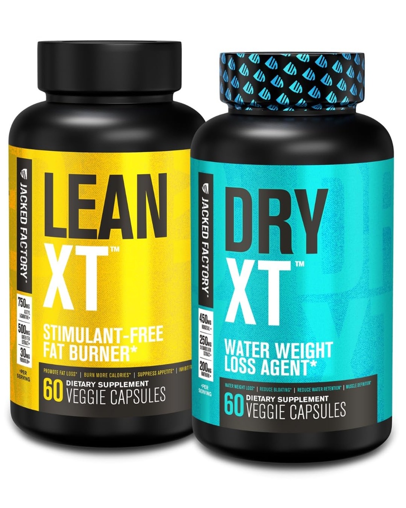 Jacked Factory Stim-Free Kaalulangus Stack - Lean XT Stim-Free Rasvapõletaja ja kuiva XT Veepillid Bloating vähendamine (30 päeva pakkumine)