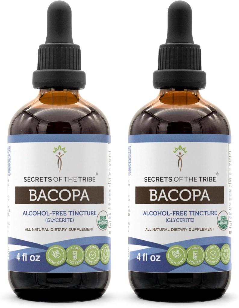 Hõimu saladused Bacopa USDA orgaaniline | Alkoholivaba ekstrakt, suure tugevusega taimetilgad | Valmistatud 100% sertifitseeritud orgaanilisest bacopast (Bacopa Monnieri) Kuivatatud ürdist 2x4 oz