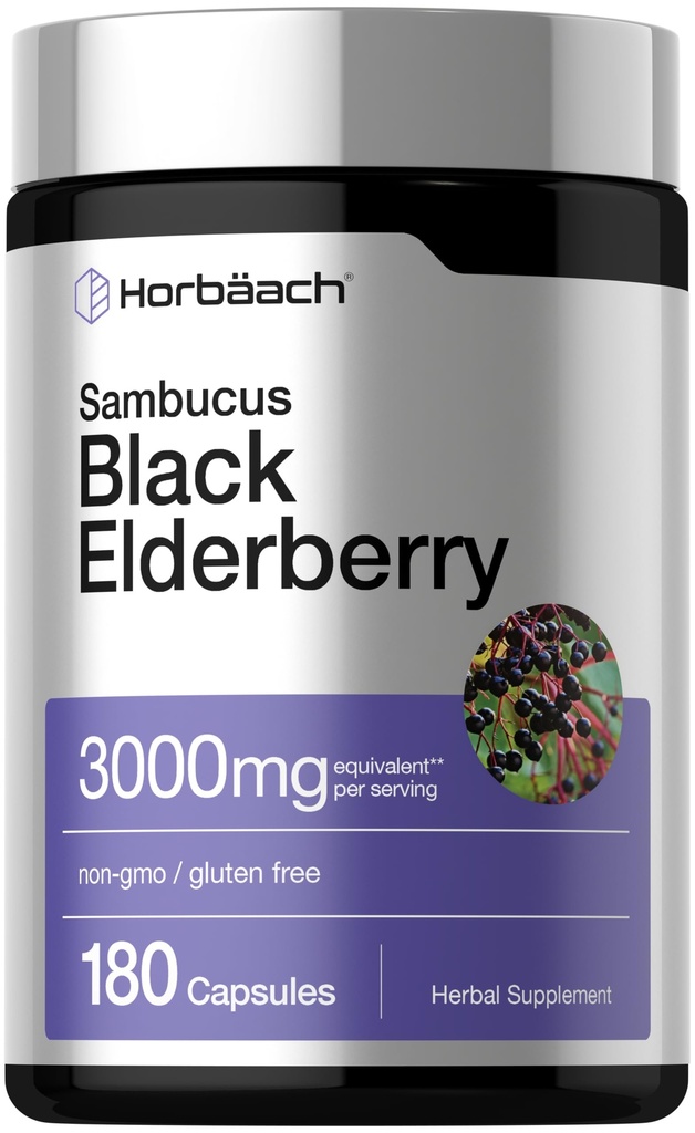 Horbäach Black Elderberry | 3000mg kapslid | 180 Count | Non-GMO, Gluteenivaba | Sambucus Extract Supplement