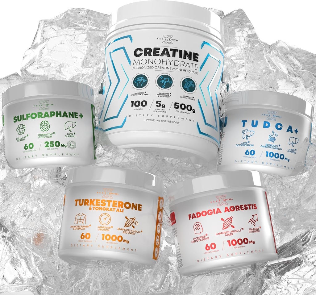 Bundle - Turkesterone & Tongkat Ali + Fadogia Agrestis + Kreatiin + Sulforaphane + TUDCA - Boost Stamina, lihaste kasv, maksa tervis, kognitiivne funktsioon & Detox - valmistatud USA-s