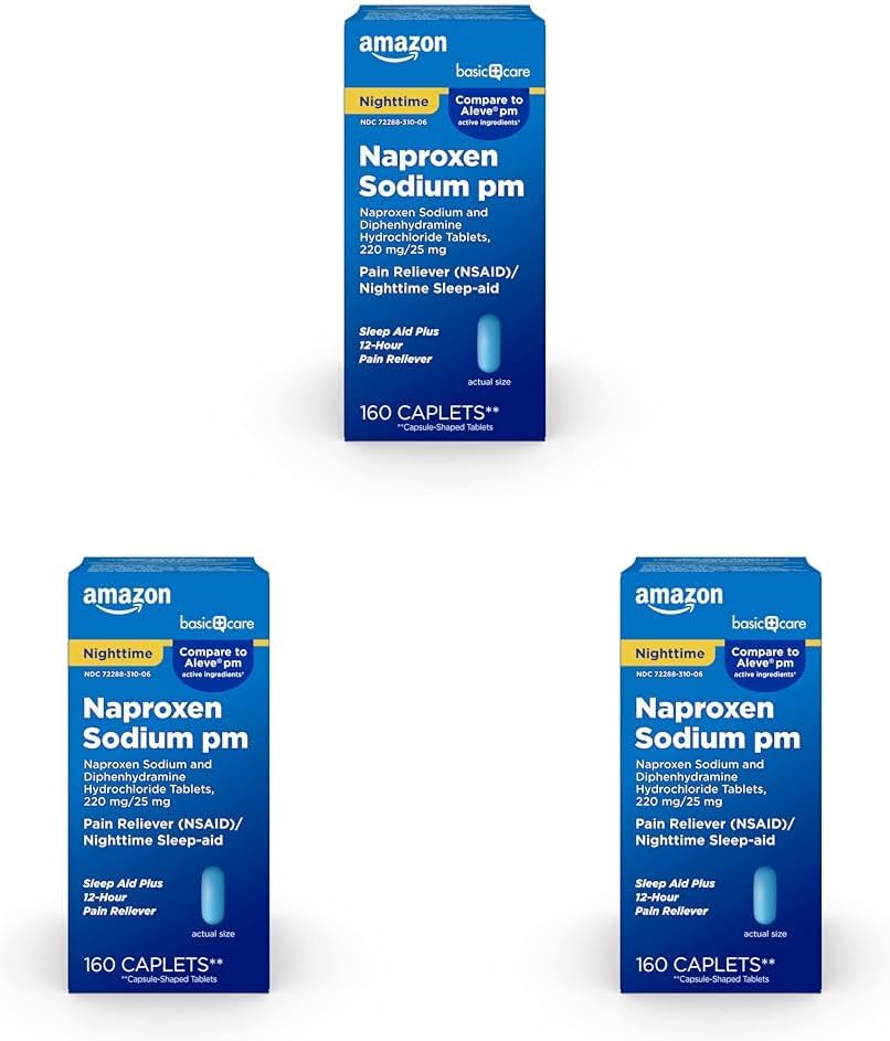 Amazon Basic Care All Night Pain Relief PM , Naproxen Naatrium , 220 mg / difenhüdramiin vesinikkloriid , 25 mg tabletid , valu leevendamine / ööuneabi , 160 loend ( 3 pakendit )