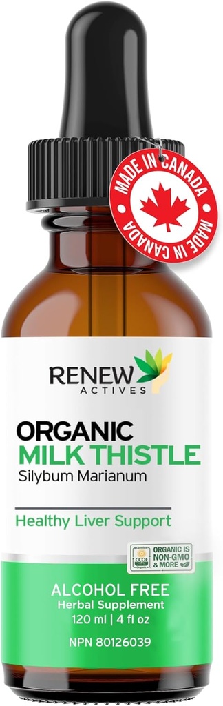 Renew Actives Milk Thistle Vedel Ekstrakt 110MG 2ML-i kohta - Maksa tugitilgad optimaalse tervise jaoks - Ei Alkoholi, Mitte-GMO, Vegan - Toetab Maksafunktsiooni Ja Seedetrakti Tervist - Valmistatud Kanadas - 4 fl oz