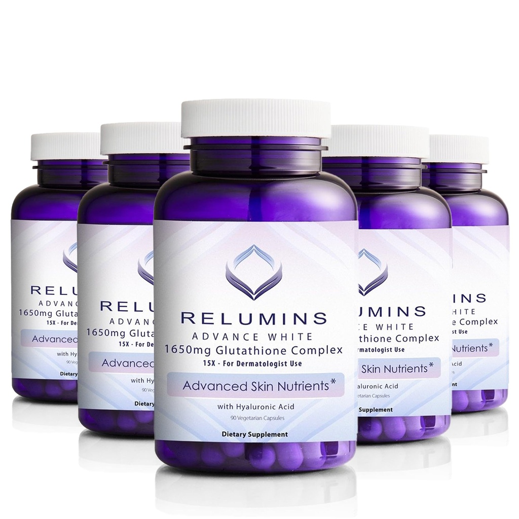 Relumiinid L-Glutatiooni kompleks 1650mg - Antioksüdandi tugi alfa-lipohappega, NAC, L-metioniiniga, E-vitamiiniga, naha tervise täiendusega, valmistatud USA-s - 90 taimekapslit x 5 pudelit
