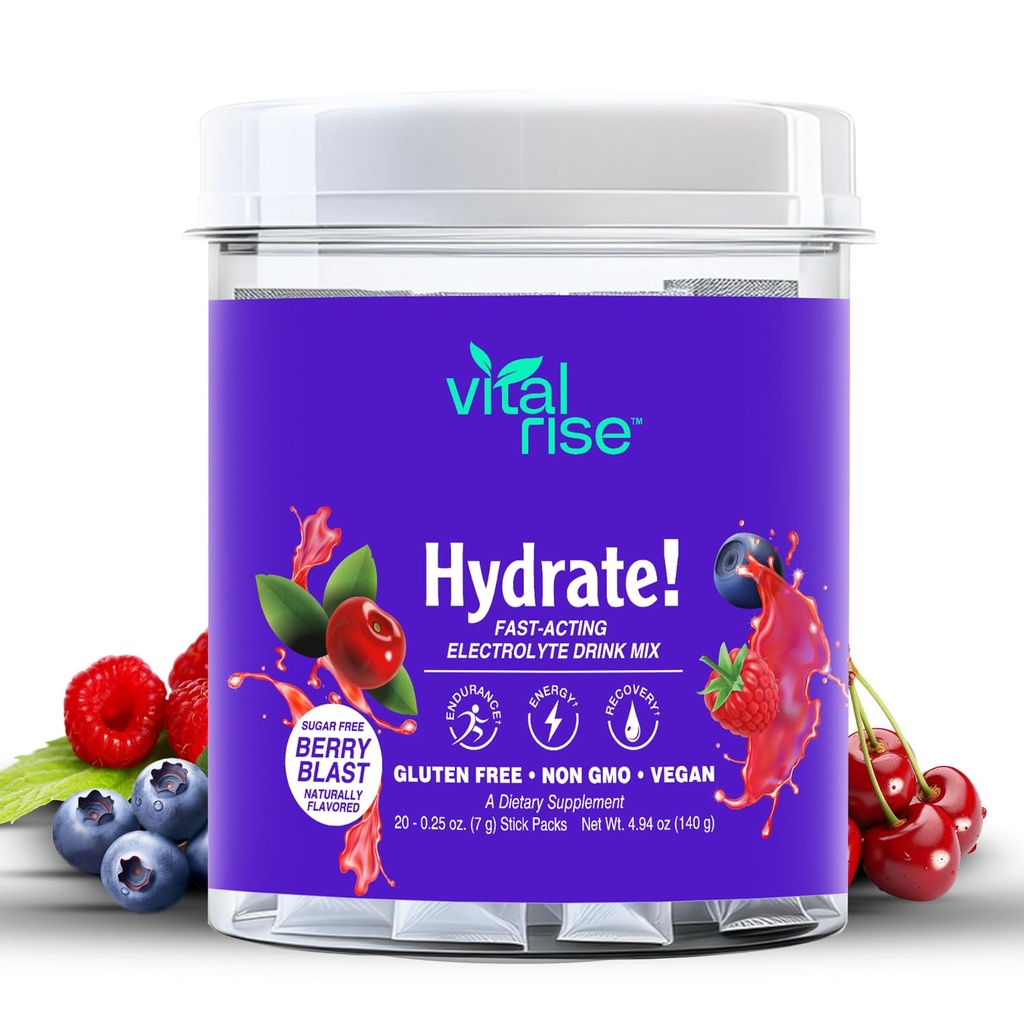 Vital Rise® Hydrate! - Berry Blast - Hüdratsioonipulber Pakendid | Madala naatriumisisaldusega elektrolüütide joogisegu | Lihtne avatud ühe serveerimisega pudel | Mitte-GMO | 20 serveerimist (pakk 1)