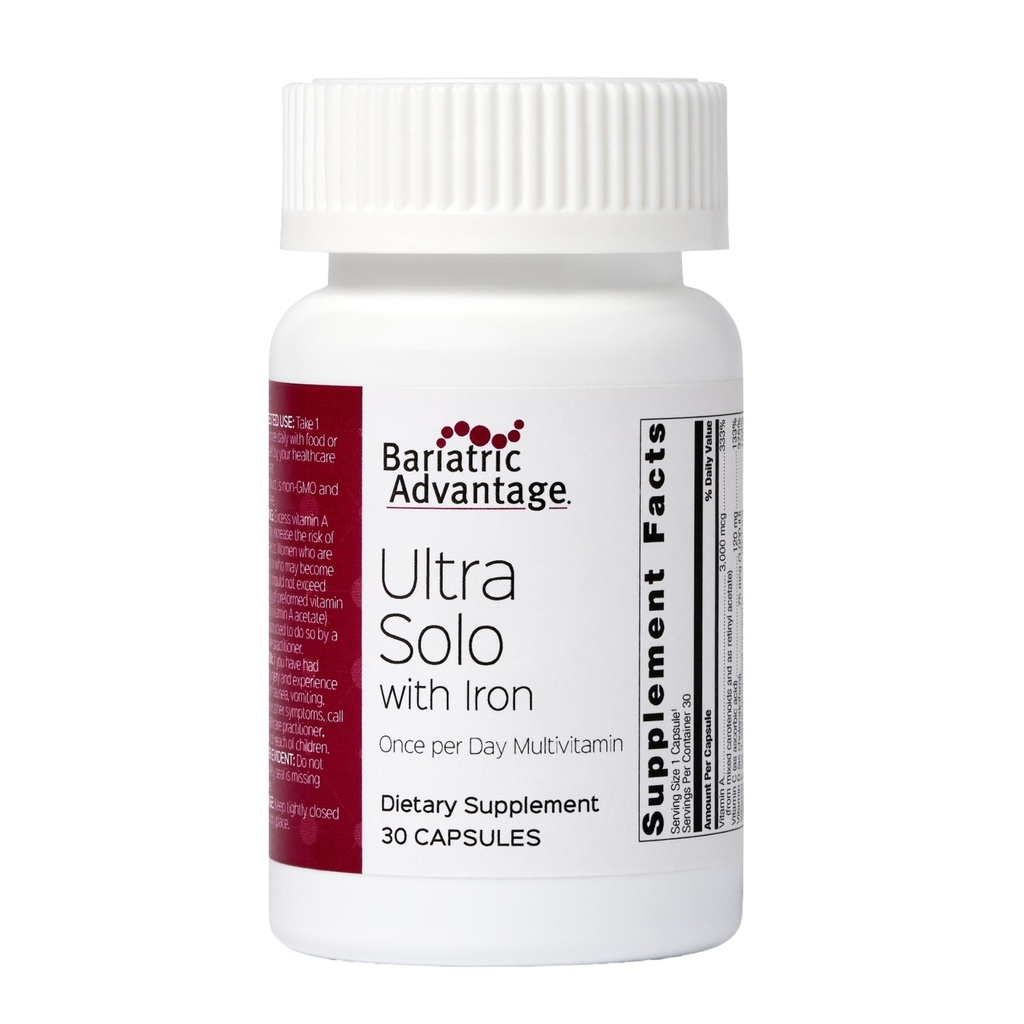 Bariatric Advantage Ultra Solo koos rauaga - kord päevas igapäevane multivitamiin - bariaatrilistele patsientidele - tiamiiniga, A-vitamiiniga ja rohkem - gluteenivaba - 30 kapslit
