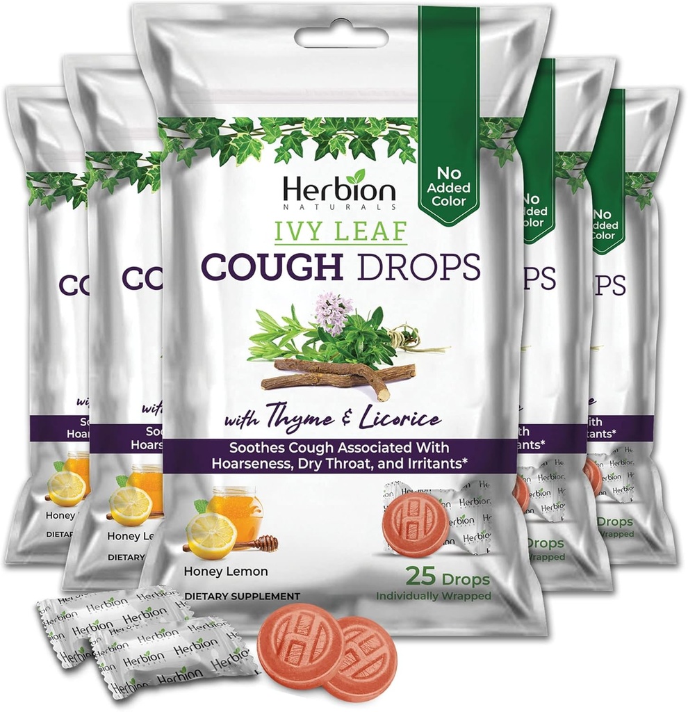 HERBION Naturals Ivy Leaf Cough tilgad tüümiani ja lagritsaga, Honey Sidrun Maitse, Soothes Cough, täiskasvanutele ja lastele üle 6 aasta, 125 loend, pakend 5