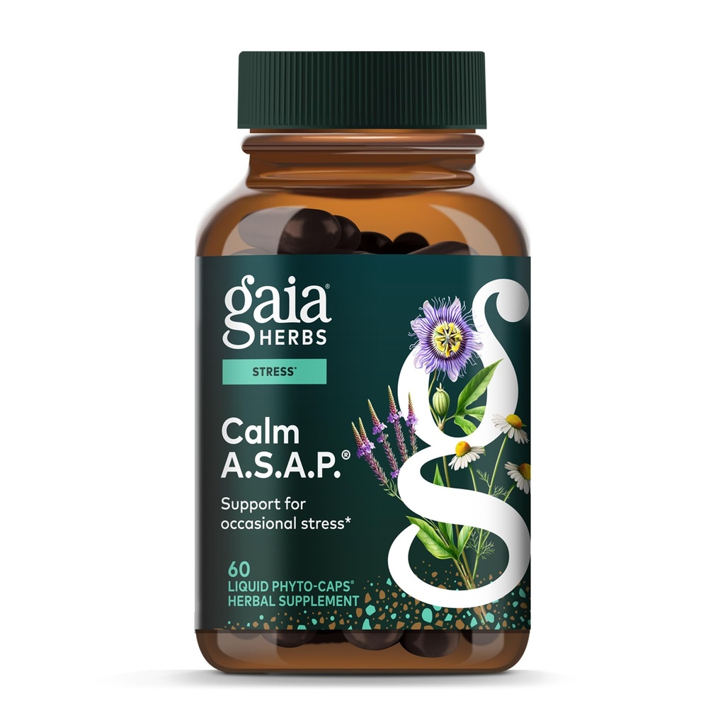 Gaia maitsetaimed Calm A.S.A.P. Stressitoetuslisa - koos pealuu, kannatuslille, kummeli, raudürdi, püha basiiliku ja muuga, et toetada looduslikku rahu - 60 Vegan Vegani vedelikku fütokapsleid (20-päevane pakkumine)
