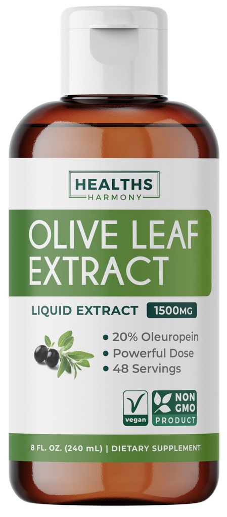 Olive Leaf Extract (Non-GMO) Super Tugevus: 20% Oleuropein - 1500mg - Taimetoitlane - Immune Support Supplement, naha tervis ja võimas antioksüdantide täiendus - Vedel ekstrakt - 8 Fl Oz