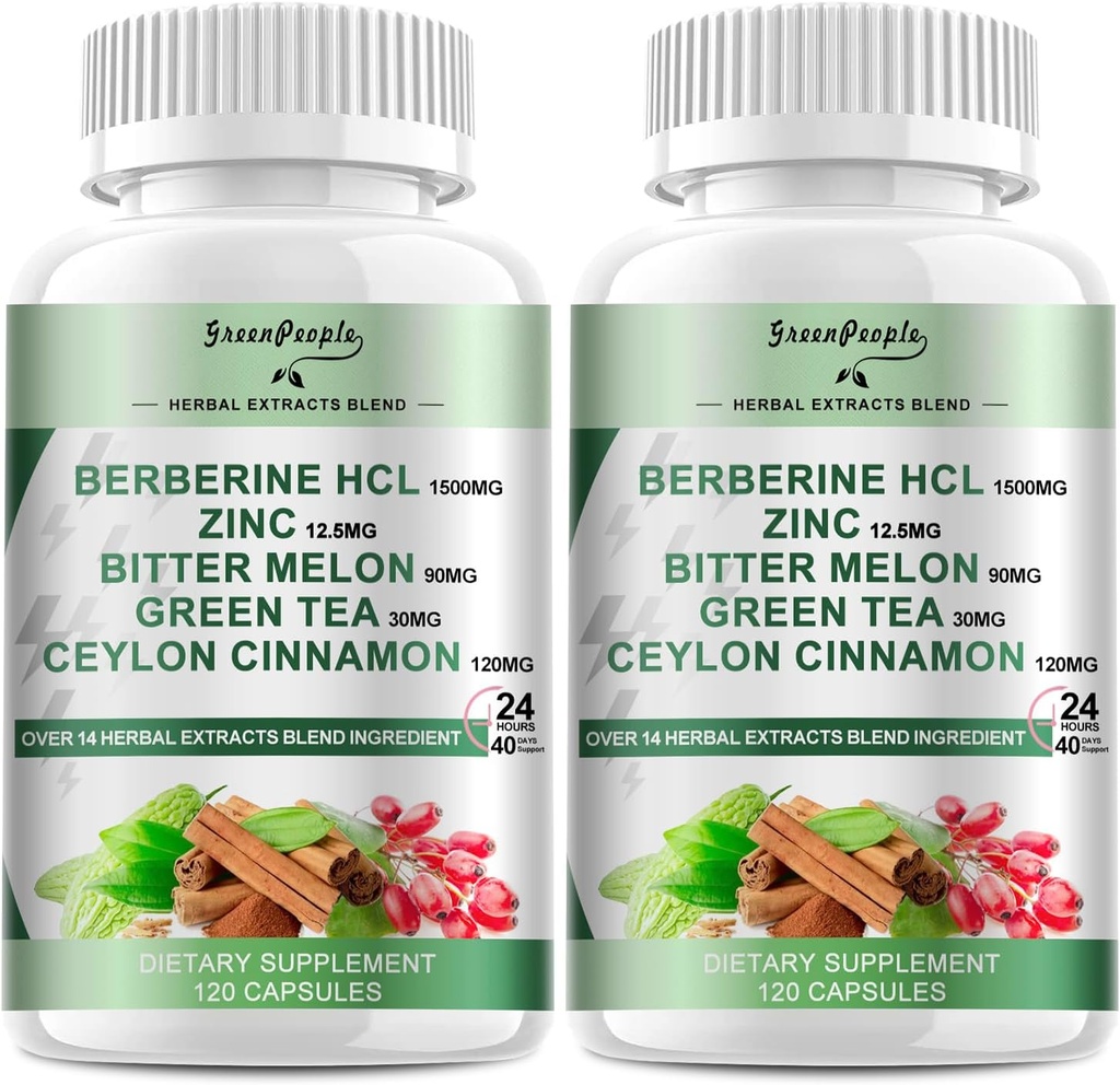 GreenPEOPLE Berberine Supplement koos Ceylon Cinnamon - 120 Count Berberine 1500mg Berberine HCL kapslid mõru melon / artišoki ekstraktid ja looduslikud maitsetaimed Immune Support 2 Pack