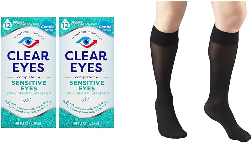 Clear Eyes Sensitive Eye Drops 2 Pack & Truform Sheer Compression Sukad Naiste põlve kõrge 20 Denier Black Medium