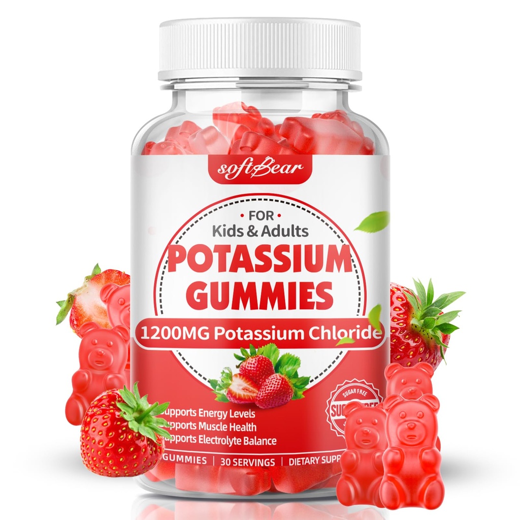softbear Kaalium Gummies täiskasvanutele, Sugar Free Kaalium Chloride Gummies 1200mg tugijala krambid ja elektrolüütiline tasakaal Suur potentsi Kaaliumilisand, maasikamaitse 60 Count