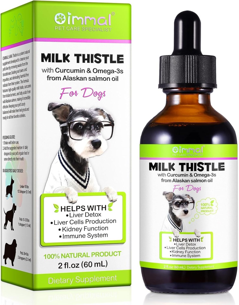 Milk Thistle for Dogs, Dog Liver Support Drops - Dog Milk Thistle Helps Dog Liver Detox, Pet Supplement Treats with Salmon Oil, Curcumin C3 Complex and Omega 3 EPA & DHA, Bacon Flavor - 2 fl.oz
