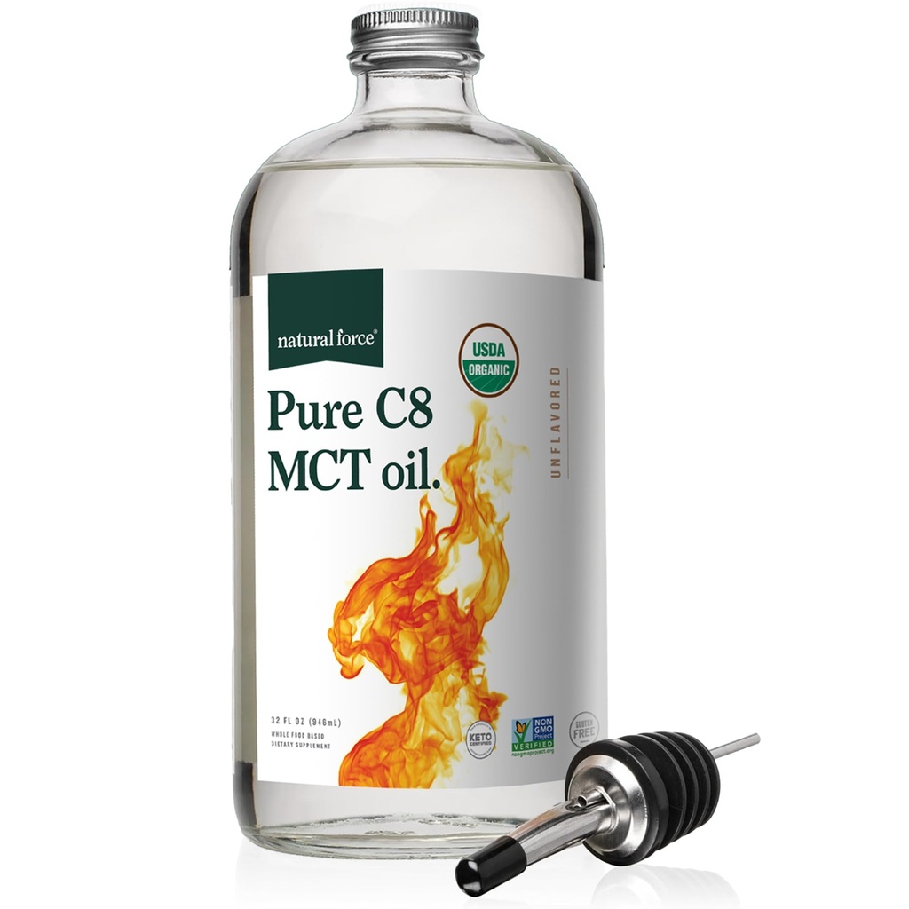 Natural Force Organic Pure C8 MCT Oil – Vedel MCT Oil in Glass Bottle Container – Kontsentreeritud kaprüülhape – Keto, Paleo, Kosher, Vegan & Non-GMO – Lab Testitud kvaliteet ja puhtus, 32 Ounce