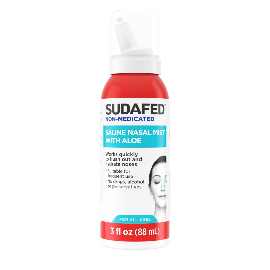 Sudafed Ravimata soolane nina udu koos Aloe, Sinus soolase nina pihustamine igas vanuses kiiresti loputab ja niisutab nina läbipääsu, kasutage nina udu nii tihti kui vaja, ravimivaba, 3 fl. oz