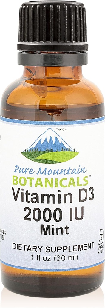 Pure Mountain Botanicals Maitsestatud D-vitamiini tilgad - Mint Maitsestatud Vedel Vitamiin D3-2000iu per Serving - 1oz Pudel