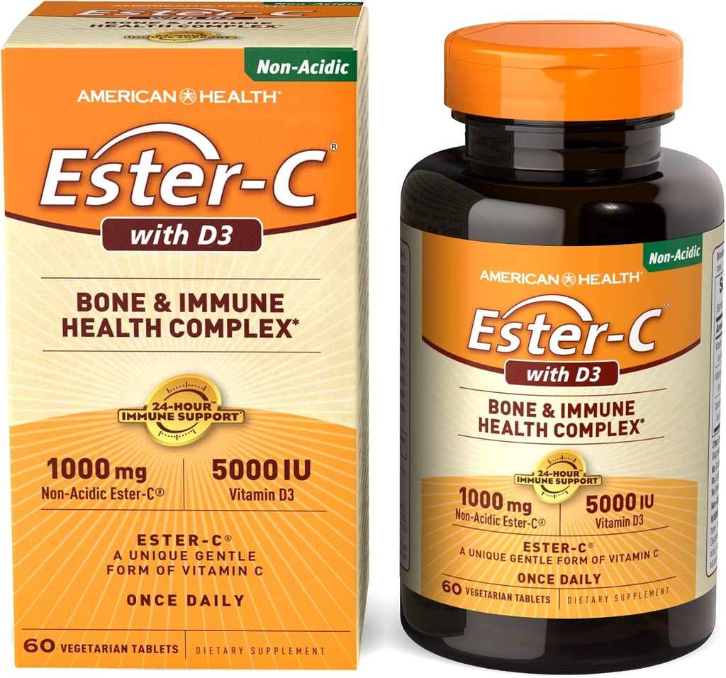 American Health EsterC koos D3 luu immuunkompleksi taimetoitlaste tablettidega 24-tunnine immuunsuse tugi 1000 mg EsterC 5000 RÜ D3-vitamiini C-vitamiini serveerimine, 60 loend