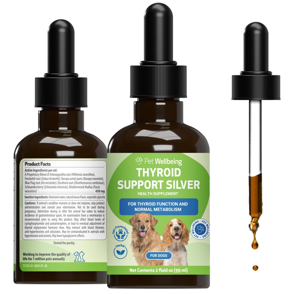 Lemmikloomade heaolu Kilpnäärme tugi Hõbe koertele - toetab tasakaalustatud kilpnäärme funktsiooni, tervislikku ainevahetust, normaalset energiat, Ashwagandha, Bacopa - veterinaararsti poolt formuleeritud taimset täiendust 2 oz (59 ml)