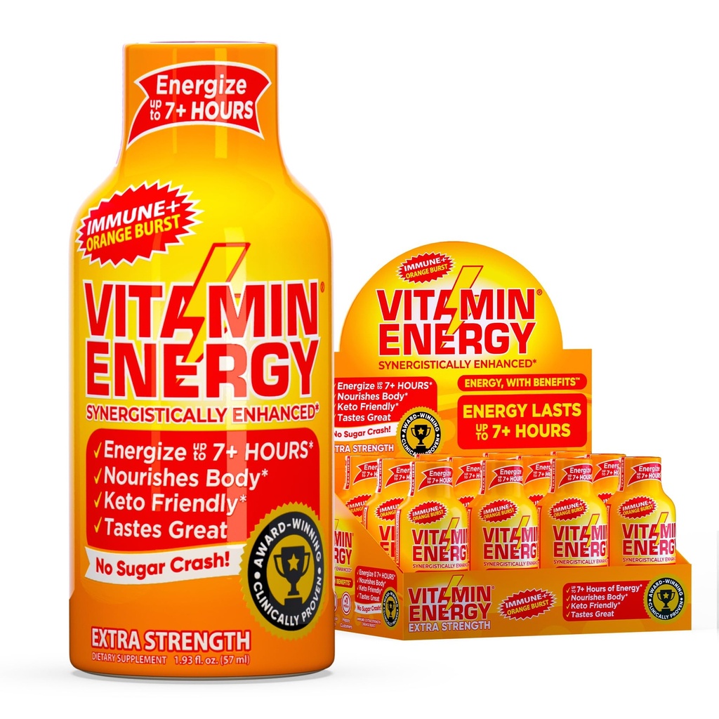 Vitamiin Energia Immuunsus + ekstra tugevus Energia Shot Orange Burst 12 Pack, 260mg looduslik kofeiin, B-vitamiinid, tsitikoliin, roheline tee, immuunsuse ja fookuse toetus, null suhkur, gluteenivaba 1,93 fl oz
