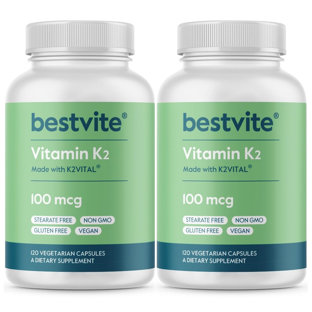 BESTVITE Vitamiin K2 100 mcg kujul MK-7 (240 taimekapslit) (120x2) - Steaate ei ole - vegan - mitte GMO - gluteenivaba
