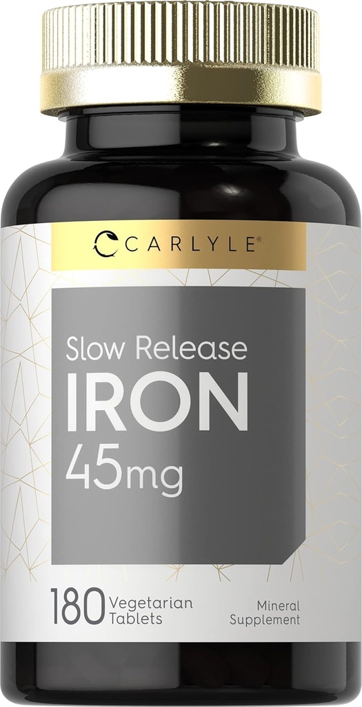 Carlyle Slow release Raud 45 mg | 180 tabletti | Raudsulfaat Mineraallisandi | meestele ja naistele | Taimetoitlane, mitte-GMO ja gluteenivaba valem