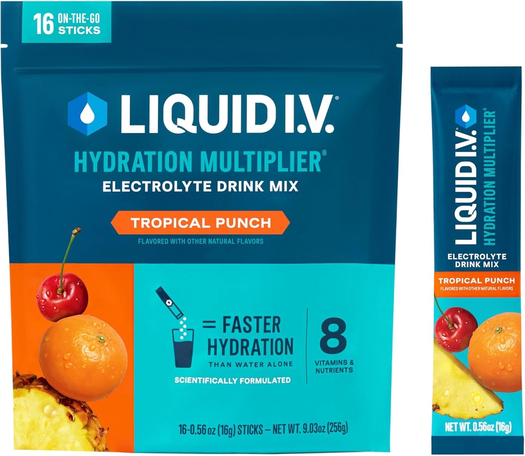 Vedelik I.V.® Hüdratsioonikordaja® - Troopiline Punch - Hüdratsioonipulbri pakendid | Elektrolüütide pulbrijoogisegu | Mugavad ühekordselt kasutatavad pulgad | Mitte-GMO | 16 serveerimist (12. pakk)