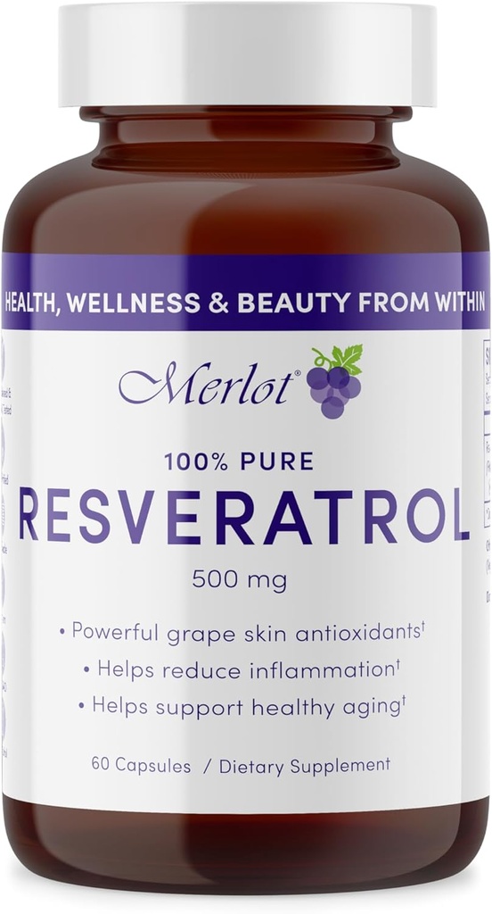 Merlot Resveratrol 500 mg kapslid - 60 loend - ilu vananemisvastases toidulisandis Mitte GMO gluteenivaba - valmistatud USA-s