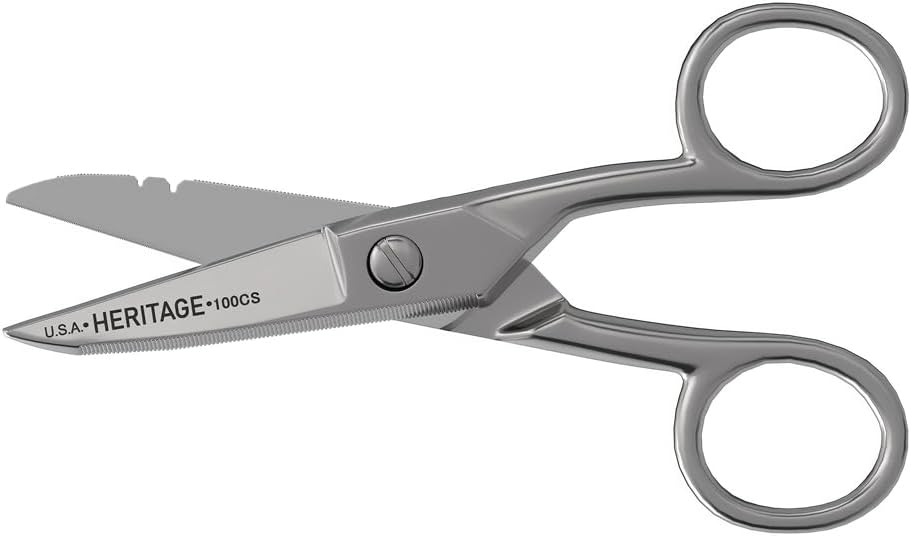 Klein Tools 100CS All-Purpose Precision Käärid, valmistatud USA-s, 5,25-tollised nikliga kaetud nipid, tömbi näpunäited ja juhtme eemaldamise särgid, mitmeotstarbeline professionaalseks ja koduseks kasutamiseks