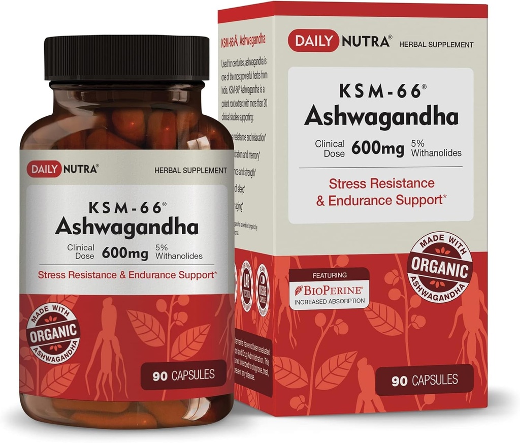 DailyNutra KSM-66 Ashwagandha 600mg orgaaniline juureekstrakt - suure tugevusega lisand 5% koos anoliididega | leevendab väsimust, toetab lõdvestumist, fookust, energiat ja lihaste kasvu (90 kapslit)