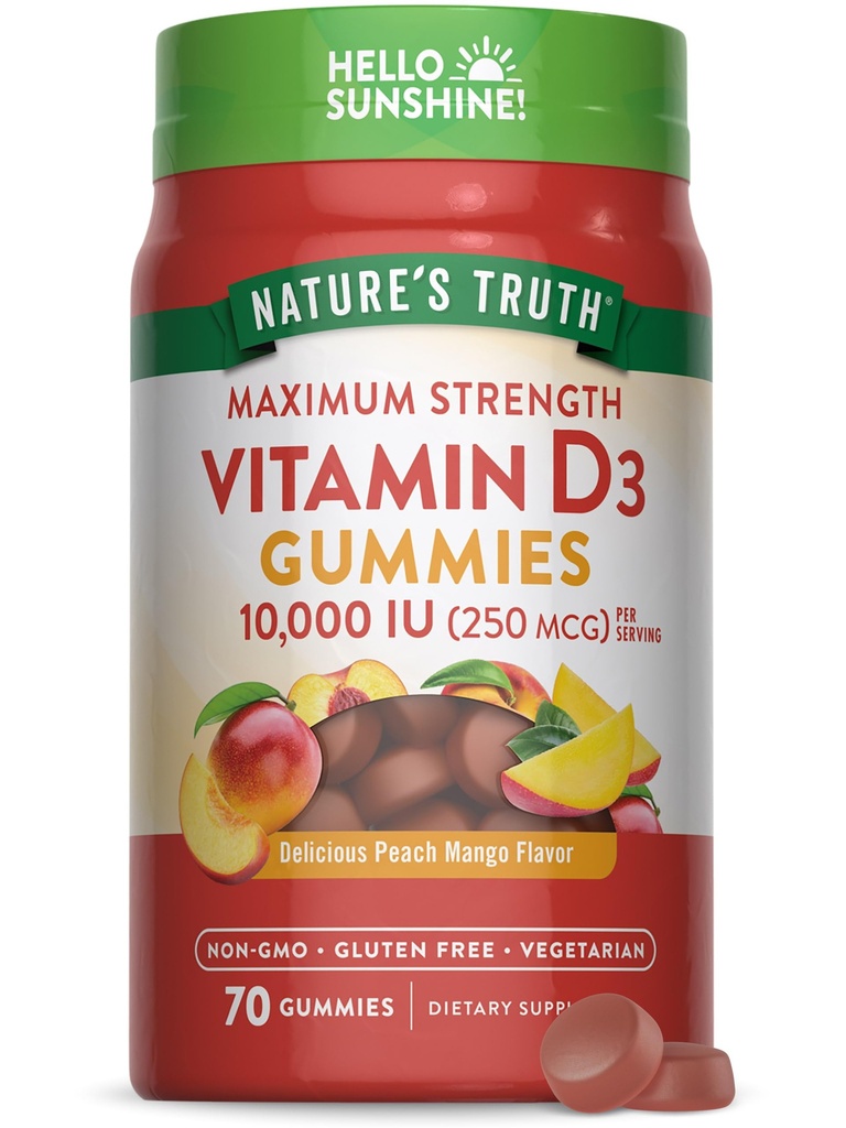 Looduse tõde Vitamiin D3 Gummies | 10000 IU | 70 Count | Peach Mango Flavor | Taimetoitlane, mitte-GMO ja gluteenivaba toidulisand