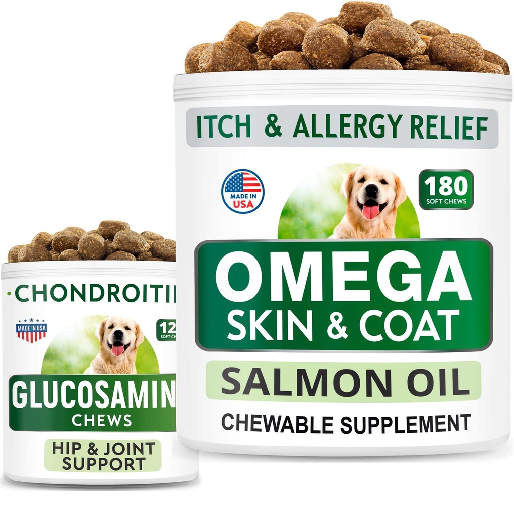 BARK&SPARK Glükosamiini koerte ravi + Omega 3 koertele Bundle - puusatoetus ja liigesevalu leevendamise lisand + kalaõli närid heitmiseks, nahaallergia, naha leevendus, naha ja mantli lisand