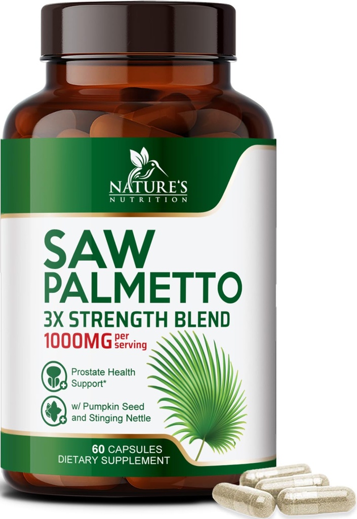 Saw Palmetto meestele 1000MG - 3X Tugev eesnäärme tervise täiendus - taimse ekstrakti täiendus - eesnäärme toidulisandid meeste tervise toetamiseks, eesnäärme kuseteede ja juuste tervise toetamiseks - 60 kapslit