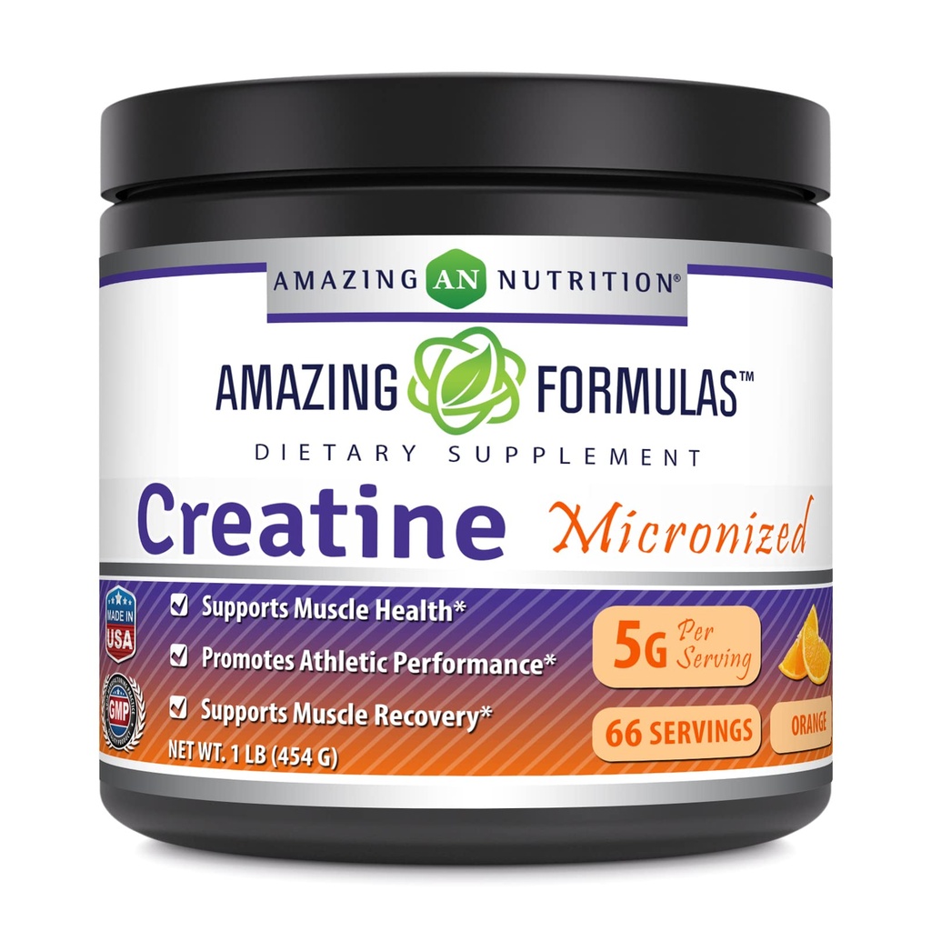 Hämmastavad valemid Mikroniseeritud kreatiini monohüdraat Pulber Täiendus | 5000 mg Per Serving | Ideaalne Pre & Post Workout Supplement | Made in USA (1 LB, Orange)