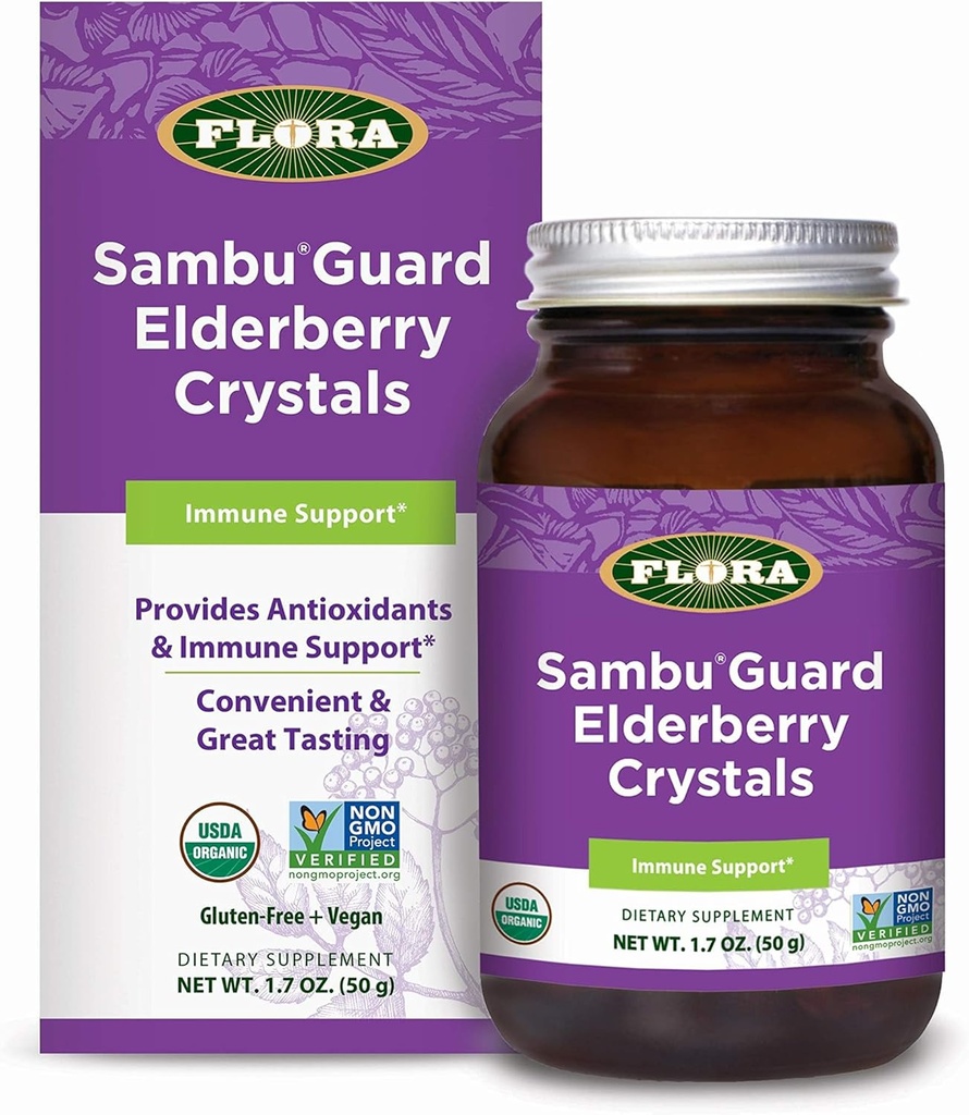 Flora - SambuGuard Elderberry Crystals, pakub antioksüdante ja immuunsust, tugevdab immuunsust, detox keha, suurendab energiat, 1,7-oz. Pulber