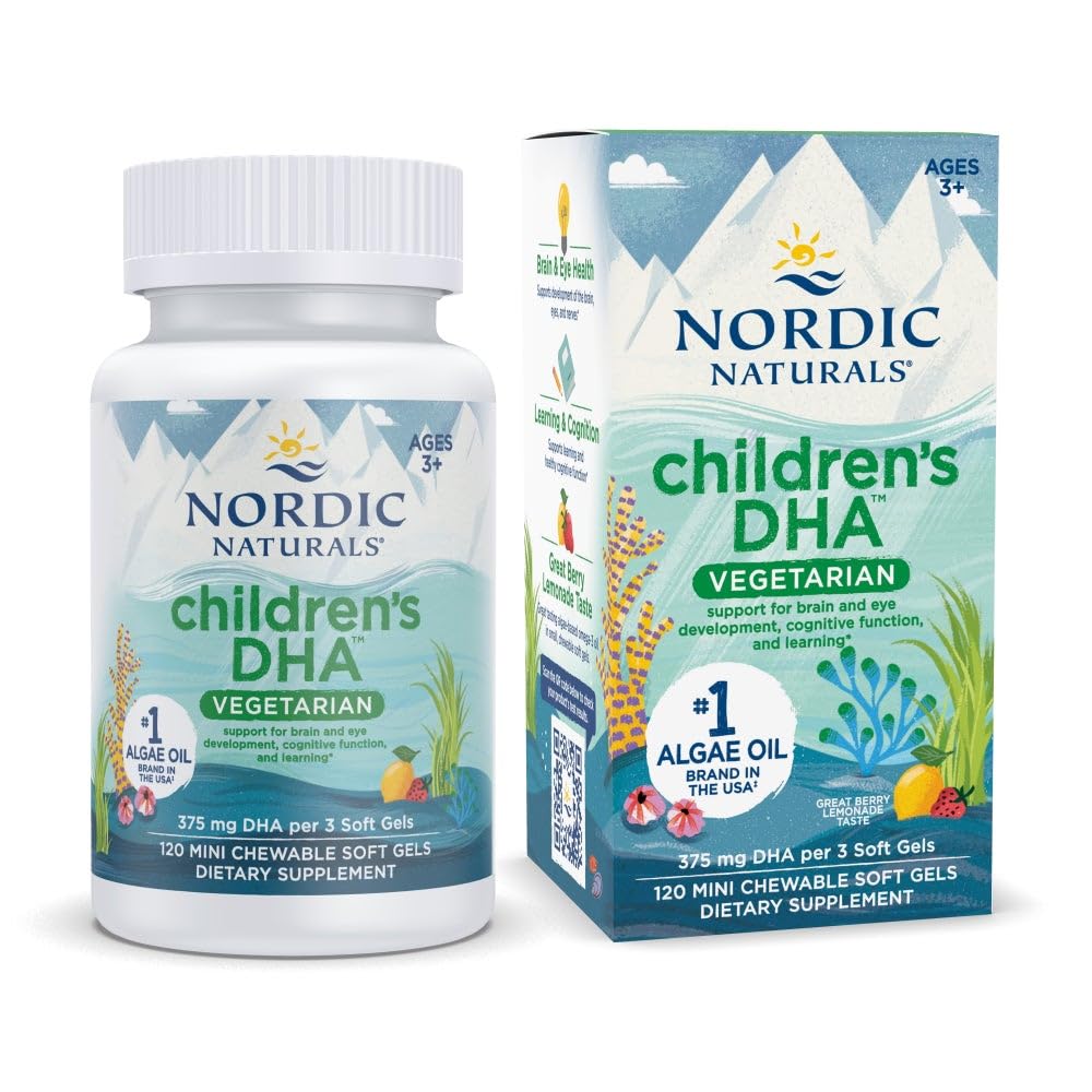 Nordic Naturals Laste DHA Taimetoitlane - Kids DHA Omega-3 Supplement - Vetikaõli - Berry Lemonade Mini närimistables - Taimne valem vanuses 3+ - 120 Pehme geelid - 40 Servings