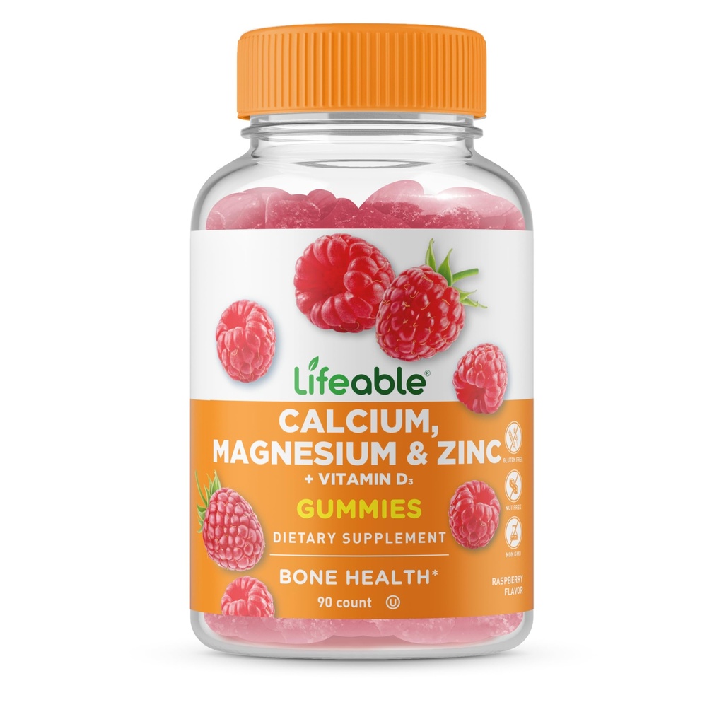 Elujõuline Kaltsium Magneesium Tsink D3-vitamiini kummidega | Suur maitse Kaltsium Magneesium Tsink D3 Täiendus | Hammaste ja Luude Terviseks | Kaltsiumkummid täiskasvanutele | 90 Gummies