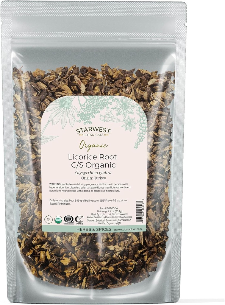 Starwest Botanicals Orgaaniline kuivatatud lagritsa juur - maitsetaimed lahtise lehe tee segud, kommid ja küpsetatud kaubad, lõigatud ja sifted, sertifitseeritud Kosher, Non-GMO - 4 oz Pouch